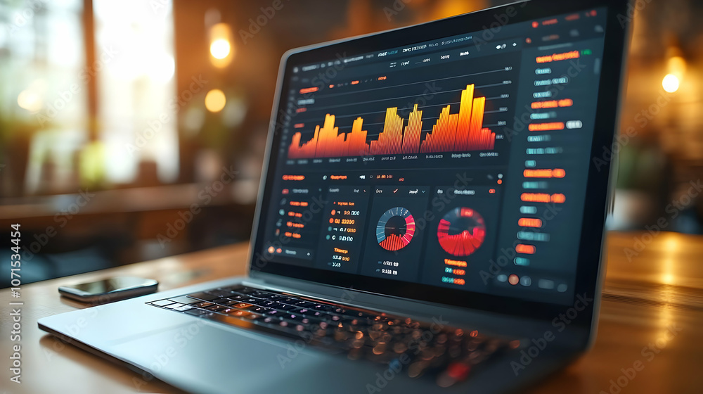 Poster laptop screen with data charts - realistic image