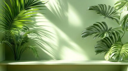 Fototapeta premium 3D Illustration Green Wall Background with Palm and Monstera Leaves