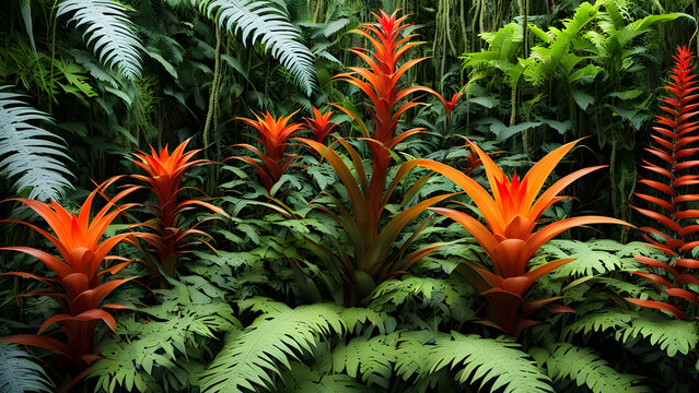 Orange and red bromeliads in a tropical jungle with large ferns and vines around, Ai Generated