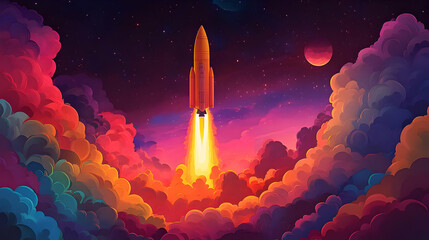 Fototapeta premium Rocket Launch Through Colorful Clouds Illustration