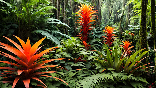 Orange and red bromeliads in a tropical jungle with large ferns and vines around, Ai Generated