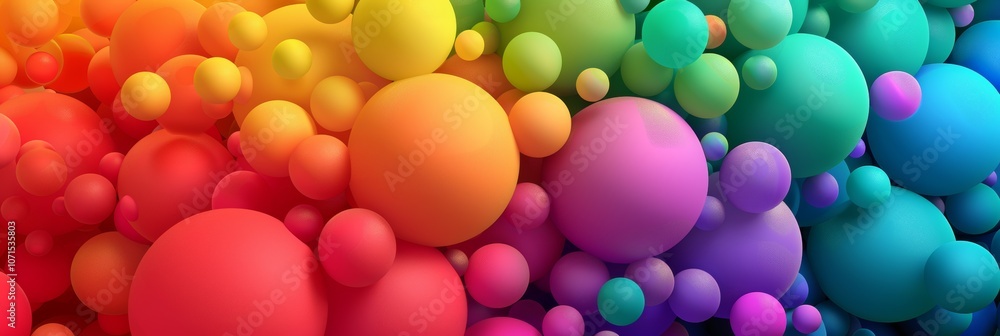 Poster rainbow of colored balls waving from left to right, multiple size of balls, abstract vector backgrou