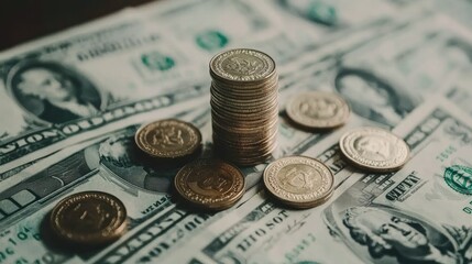 Stack of coins growing taller with dollar bills surrounding it, symbolizing investment growth and wealth accumulation. Clean, minimalistic background.