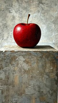 A red apple rests on a textured block against a gray wall