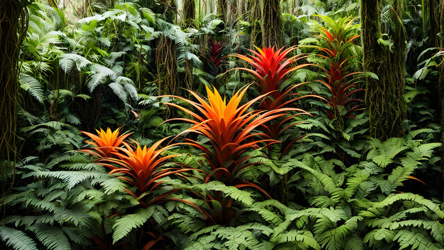 Orange and red bromeliads in a tropical jungle with large ferns and vines around, Ai Generated
