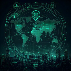 Obraz premium Illustration - Global Network Connection, Digital World Map, Futuristic Cityscape