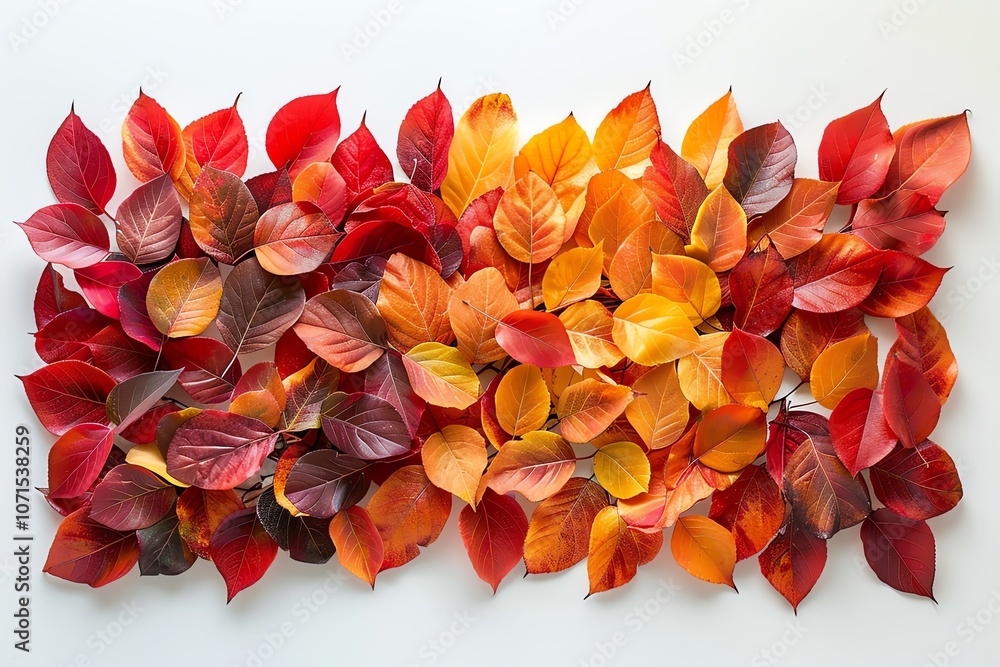Poster autumn leaves arranged in a gradient pattern from red to orange, isolated on a white background.