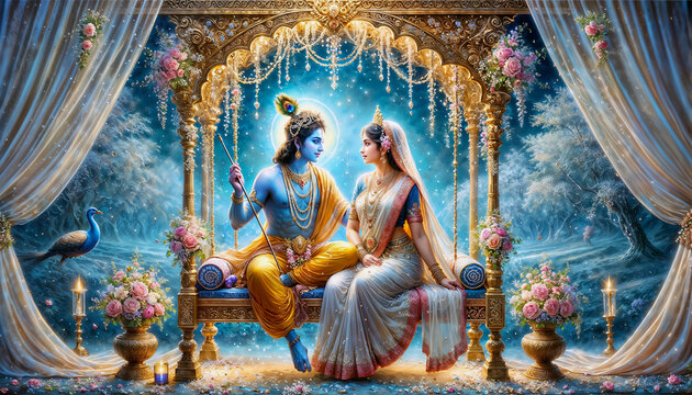  Krishna and Radha portrait symbolising their love in a beautiful illuminated brush strokes artistic painting style, depicting divine connection and spirituality