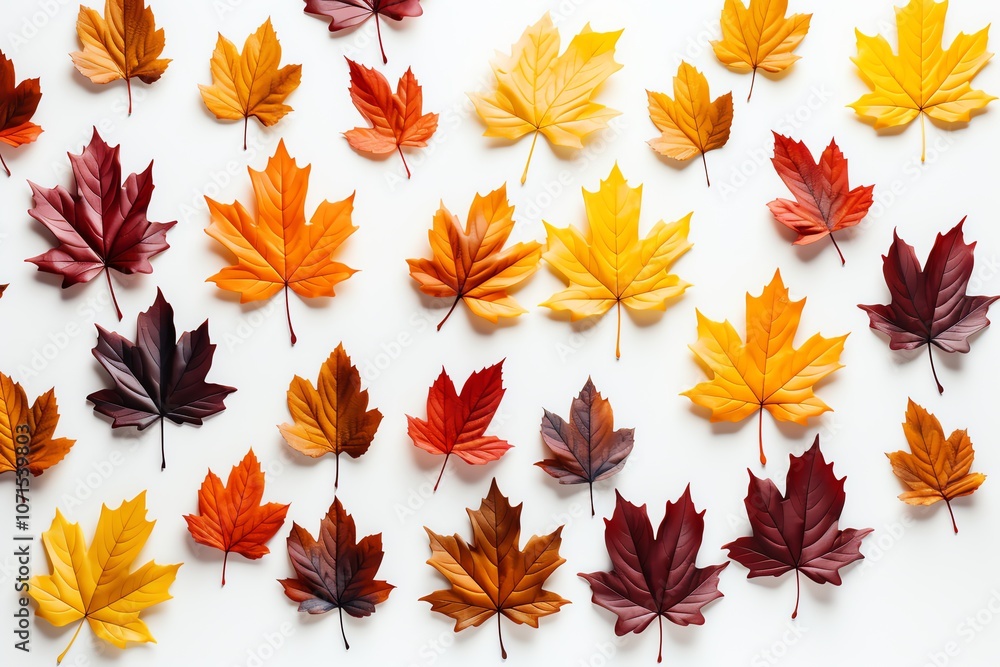 Poster autumnal maple leaves arranged in a gradient pattern on a white background.