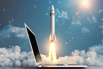 Obraz premium Creative depiction of a space rocket launching directly from a laptop screen