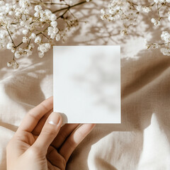 Obraz premium Top view photo of a woman's hands holding a blank white card mockup, a book, and a coffee cup on a table with dried flowers nearby