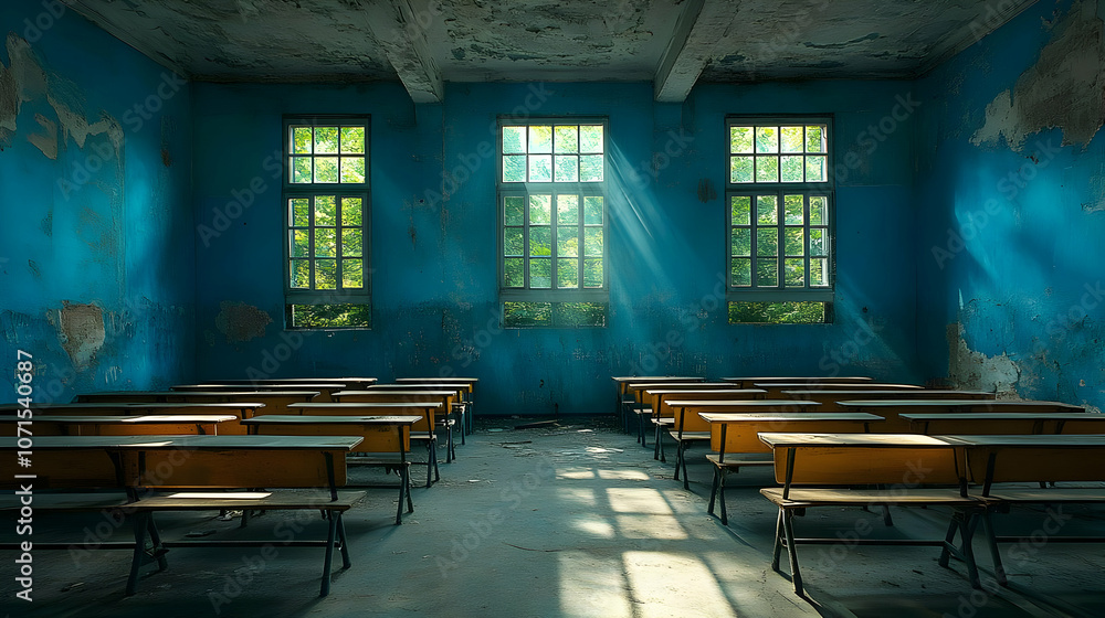 Poster empty classroom with sunbeams through windows - realistic photo