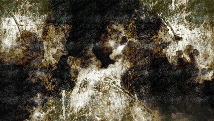 Abstract dark background with brown and white paint splatters.