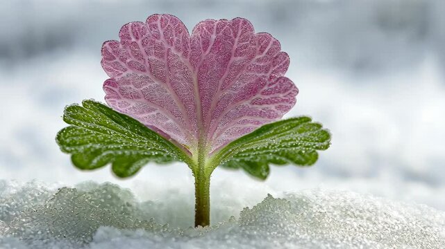 A delicate pink leaf peeks out from the snow, a symbol of resilience and new beginnings