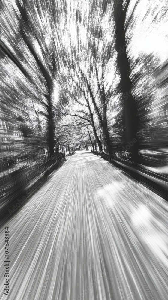 Poster motion blur of a tree-lined road, creating a sense of speed and movement.