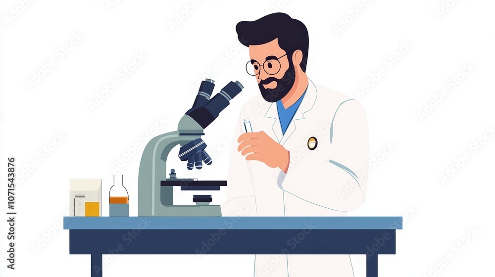 Poster scientist examining samples with a microscope in a laboratory setting.