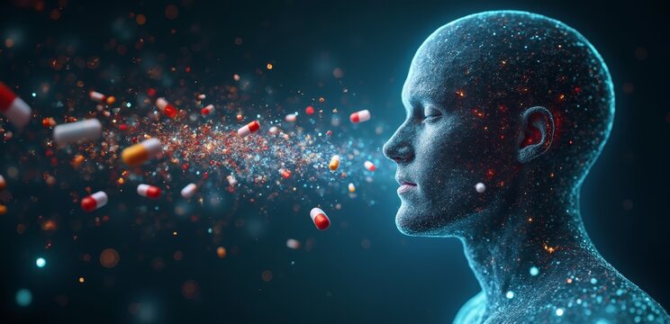  A man's head is surrounded by pills