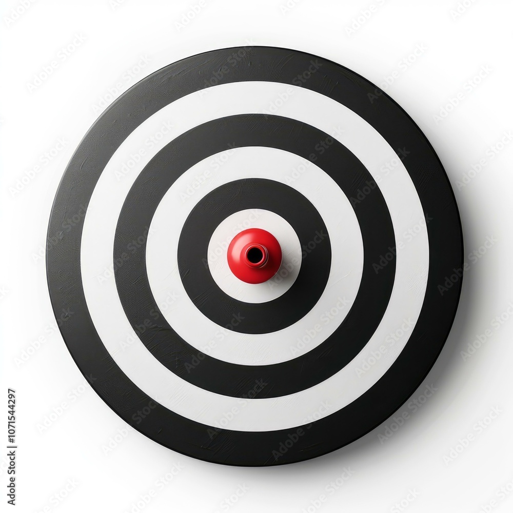 Poster red dart hitting the center of a target on white background representing success, achievement and pr