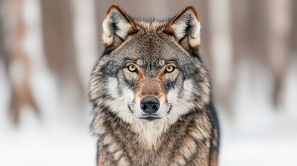 Obraz premium Wolf portrait with intense gaze, snowy background, majestic wildlife.