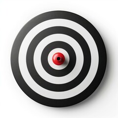 Red dart hitting the center of a target on white background representing success, achievement and precision
