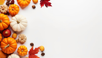 Autumn composition. Dried leaves, pumpkins, flowers, rowan berries on white background. Autumn, fall, halloween, thanksgiving day concept. Copy space