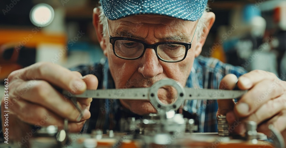 Poster engineer using calipers with precision and focus in workshop