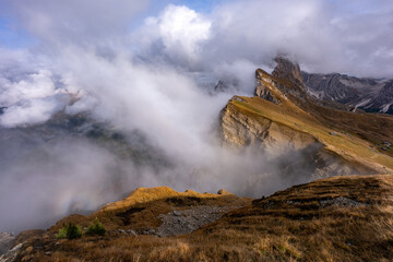 The specular landscape of Seceda mountain in Autumn season, Dolomite, Italy.