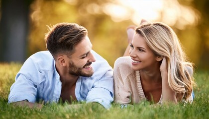 Naklejka premium Smiling couple lying in the grass, romantic moment