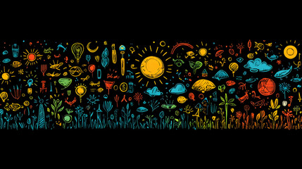 Colorful Nature Illustration - Sun, Moon, Stars, and Flowers