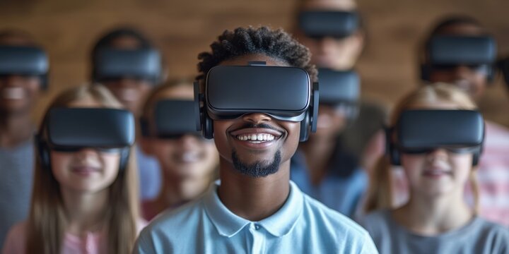 Multicultural schoolchildren using virtual reality headsets and African American teacher standing behind