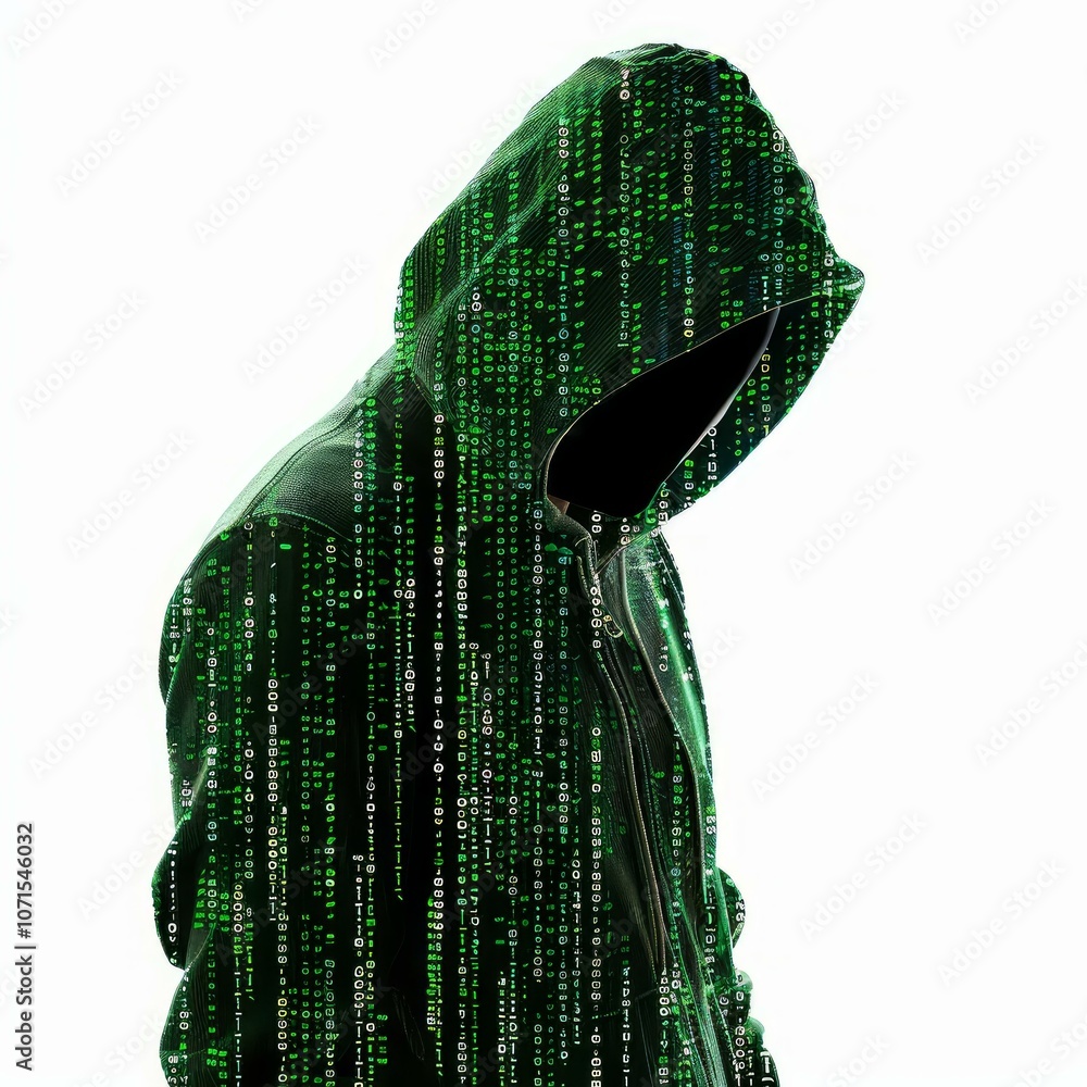 Poster hacker wearing a hoodie looking down with binary code superimposed on him