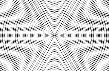 Radial halftone gradient background. Dotted concentric texture with fading effect. Black and white circle shade wallpaper. Grunge rough vector. Monochrome backdrop