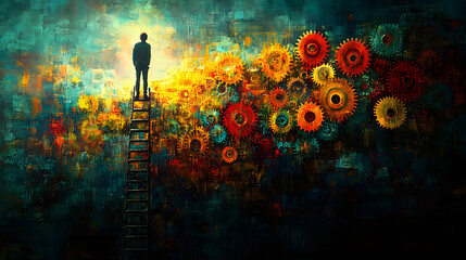 A Contemplative Journey: A Silhouette Climbing a Ladder Amidst Interlocking Cogs Symbolizing the Economy