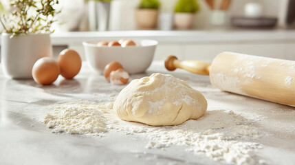 Fototapeta premium A close-up of a ball of dough on a floured countertop, with a rolling pin, a small bowl of flour, and a few cracked eggs nearby. Soft, warm lighting creates a cozy atmosphere in the kitchen. The scene