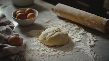 Fototapeta premium A close-up of a ball of dough on a floured countertop, with a rolling pin, a small bowl of flour, and a few cracked eggs nearby. Soft, warm lighting creates a cozy atmosphere in the kitchen. The scene