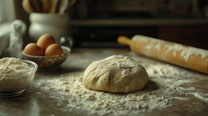 Fototapeta premium A close-up of a ball of dough on a floured countertop, with a rolling pin, a small bowl of flour, and a few cracked eggs nearby. Soft, warm lighting creates a cozy atmosphere in the kitchen. The scene