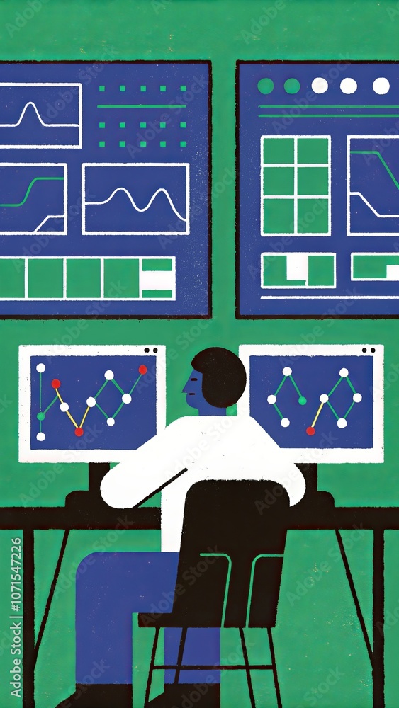 Poster data analyst monitoring financial trends on multiple screens in a modern office