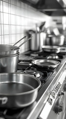 3D Realistic Image Kitchen Stainless Steel Pans Stove Top Cooking Utensils