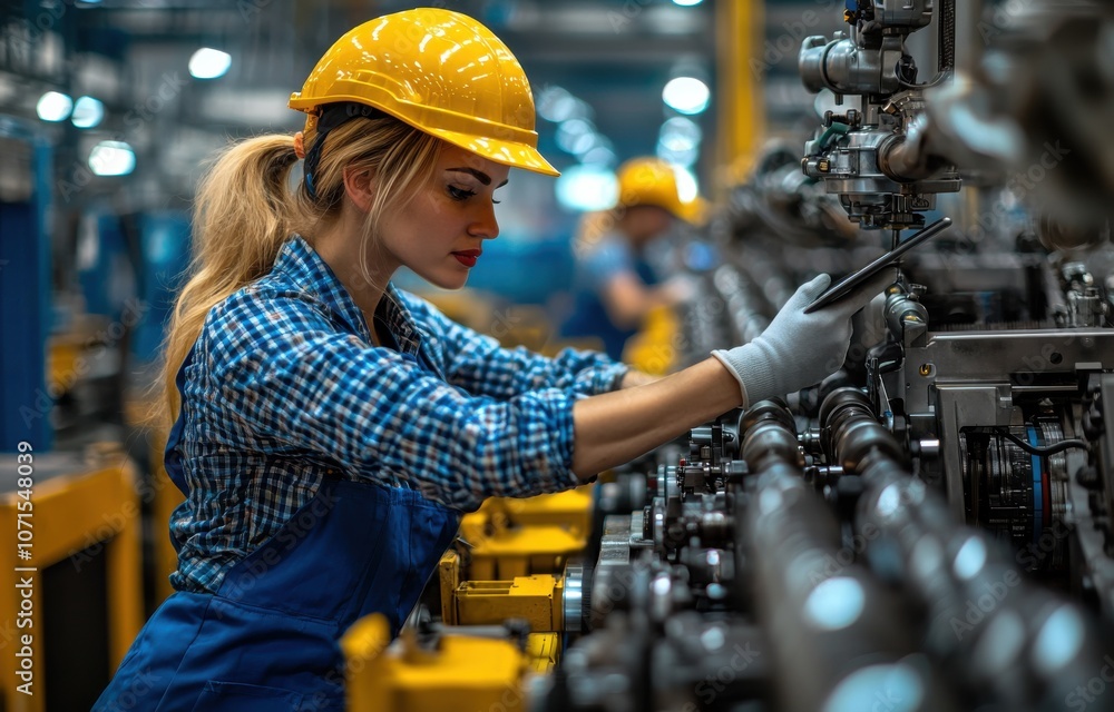 Poster female engineer in blue overalls using tablet in factory setting