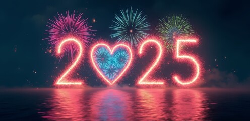 A heart shaped fireworks in the shape of the number 2025