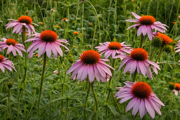 Purple coneflowers with vibrant orange centers in a wild meadow, AI Generated - Powered by Adobe