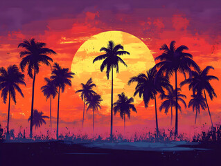 Illustration of Palm Trees at Sunset Beach