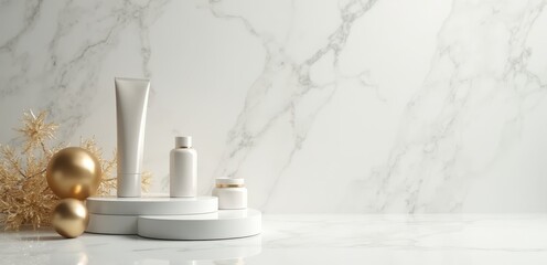 A white and gold cosmetic product on a marble surface