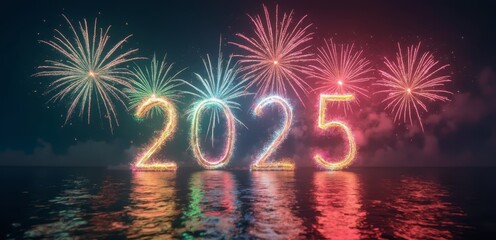 fireworks in the sky over a body of water with the number 2025 written on it