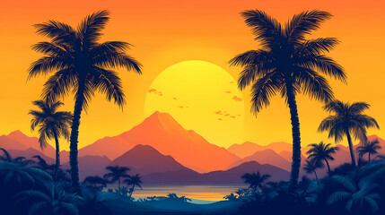 Tropical Sunset Illustration - Palm Trees, Beach, Mountains
