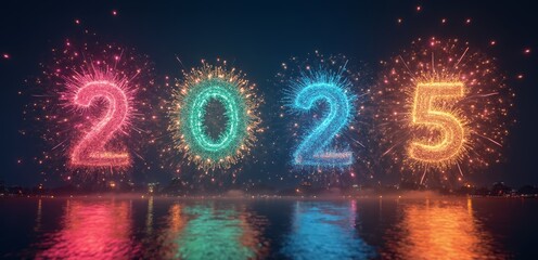 fireworks in the shape of the number 2015 over a body of water