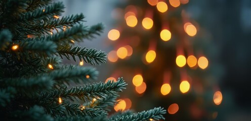 a close up of a christmas tree with lights in the background