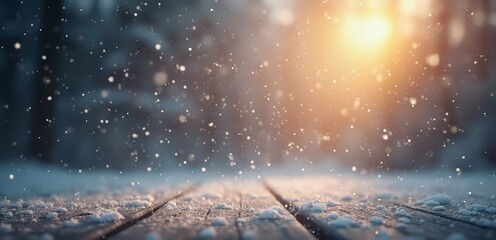 a wooden table covered in snow with the sun shining through it