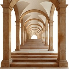 Obraz premium Stone covered passageway with arches and columns leading to a bright light at the end