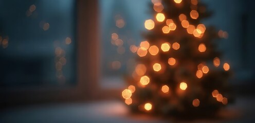 A small christmas tree is lit up in the dark
